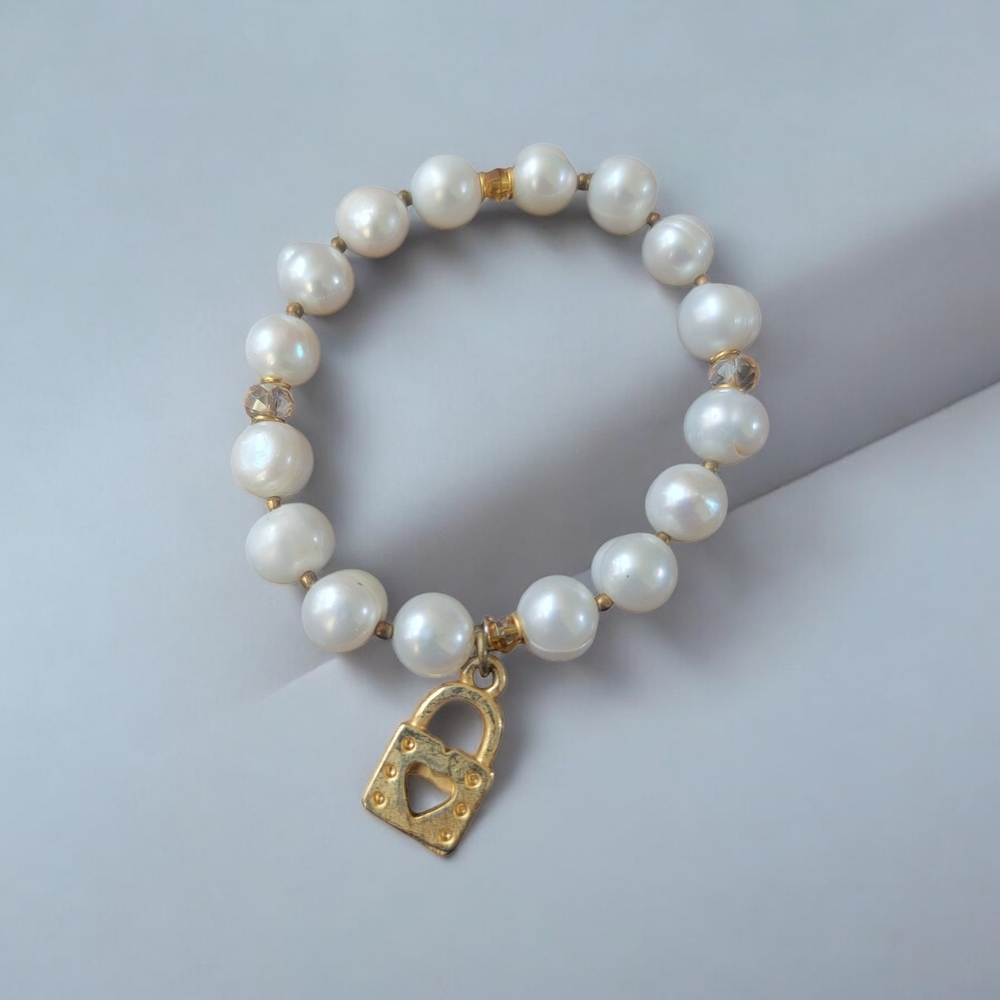 Pearl Bracelet with Gold Lock Charm
